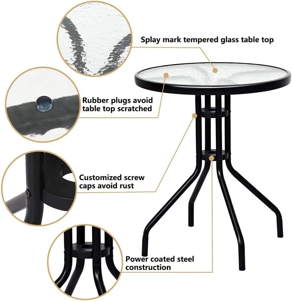 LDAILY LUARANE 3 Piece Patio Bistro Set, Outdoor Table and Chairs Set, 2 Folding Chairs & Coffee Table w/Textured Glass Tabletop, Small Patio Furniture Set for Balcony, Front Porch, Backyard & Garden