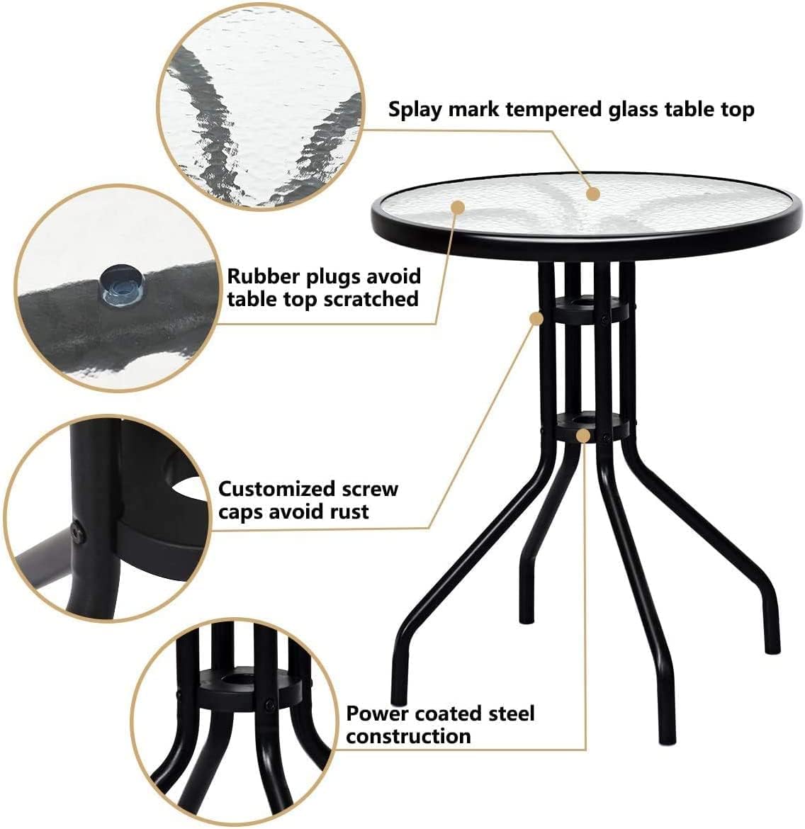 LDAILY LUARANE 3 Piece Patio Bistro Set, Outdoor Table and Chairs Set, 2 Folding Chairs & Coffee Table w/Textured Glass Tabletop, Small Patio Furniture Set for Balcony, Front Porch, Backyard & Garden