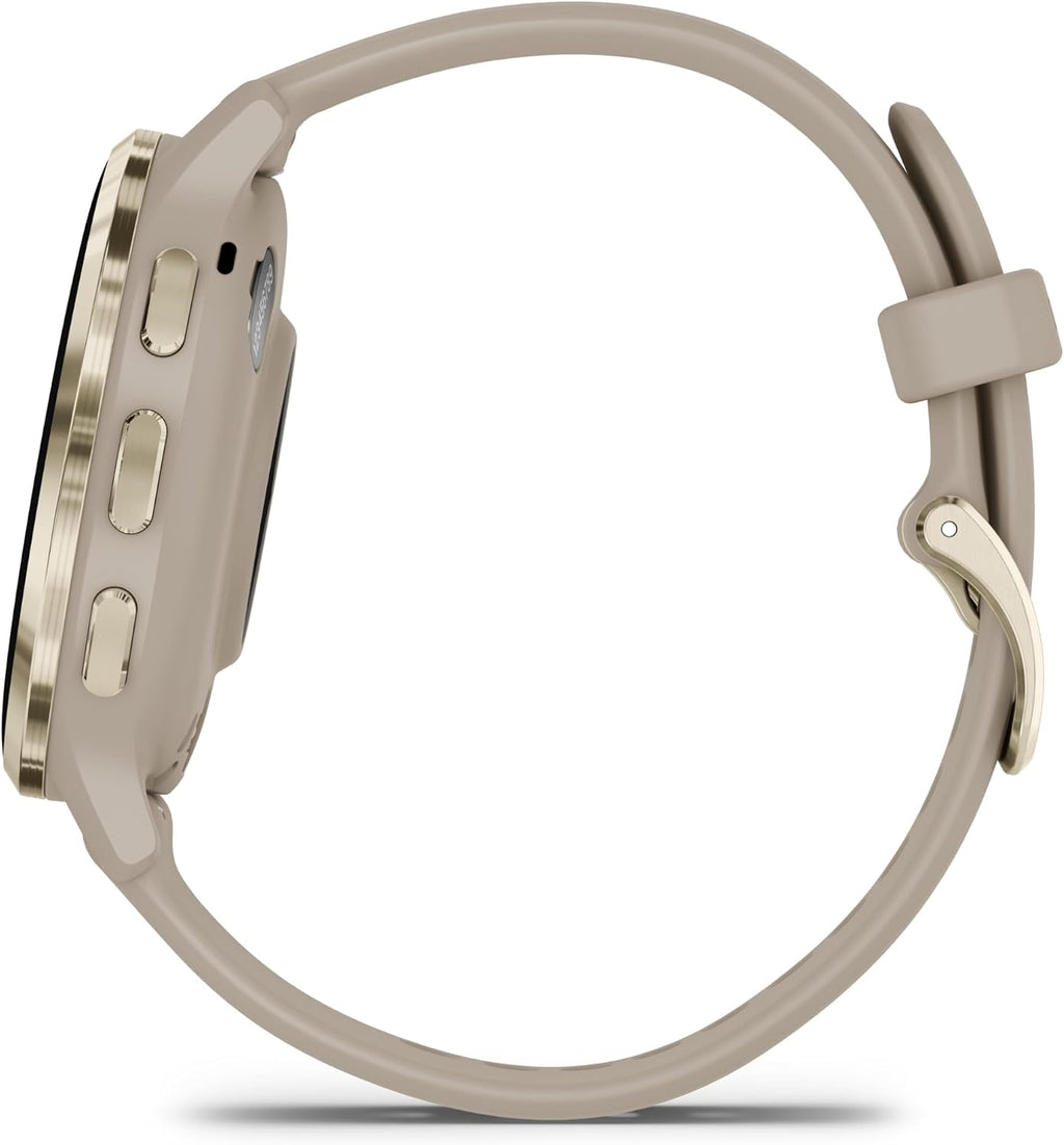 Garmin Venu 3S Advanced Fitness & Health Tracker Smart Watch Soft Gold Stainless Steel Bezel with 41 MM French Gray Case and Silicone Band 1.2 Inch AMOLED Touch Screen Display