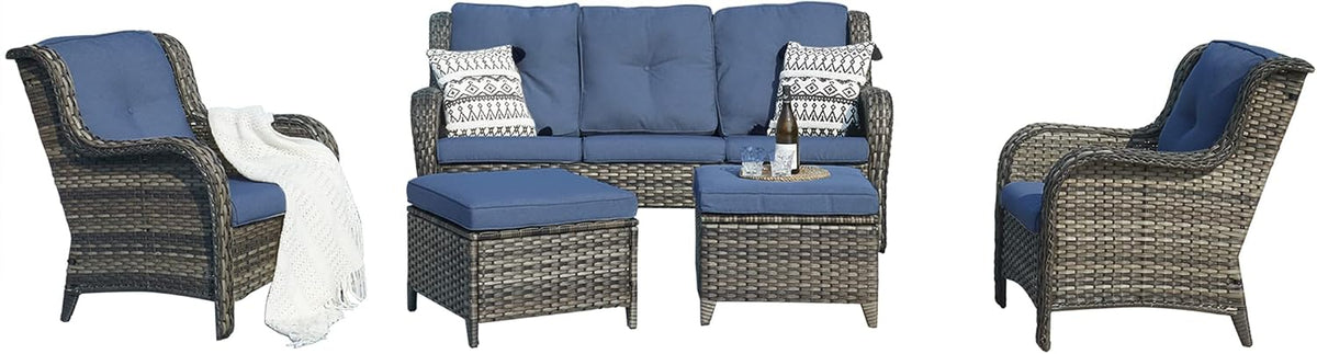 Rilyson Outdoor Patio Wicker Furniture Set - 5 Piece Rattan Patio Conversation Sectional Sofa Set with 1 Couch,2 Armchairs,2 Ottomans for Porch Deck Garden(Mixed Grey/Blue)