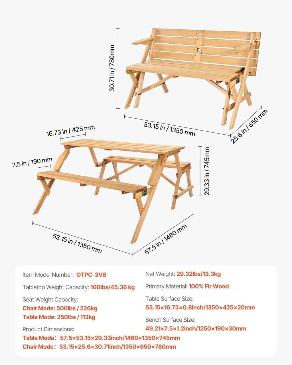 VEVOR 2-in-1 Transforming Interchangeable Picnic Table, Outdoor Wooden Table and Bench Set, Portable Foldable Bench with Umbrella Hole, Patio Dining Furniture for Garden, Backyard, Porch (Brown)