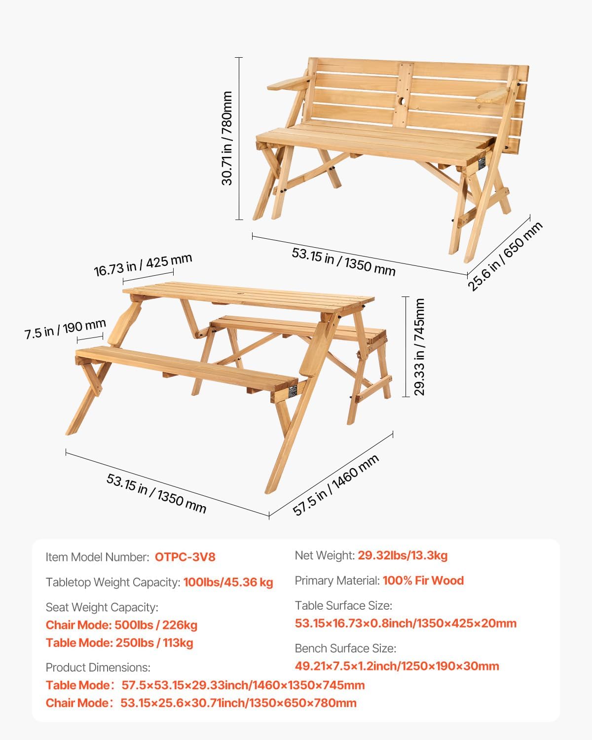 VEVOR 2-in-1 Transforming Interchangeable Picnic Table, Outdoor Wooden Table and Bench Set, Portable Foldable Bench with Umbrella Hole, Patio Dining Furniture for Garden, Backyard, Porch (Brown)