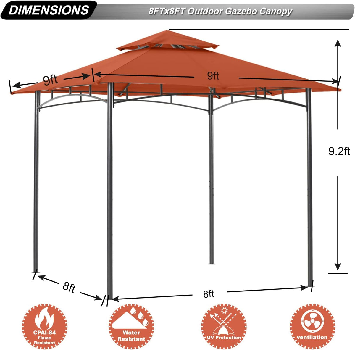 ABCCANOPY Gazebos for Patios 8x8 - Outdoor Steel Frame Gazebo for Lawn Backyard Garden Deck (Rust Red)