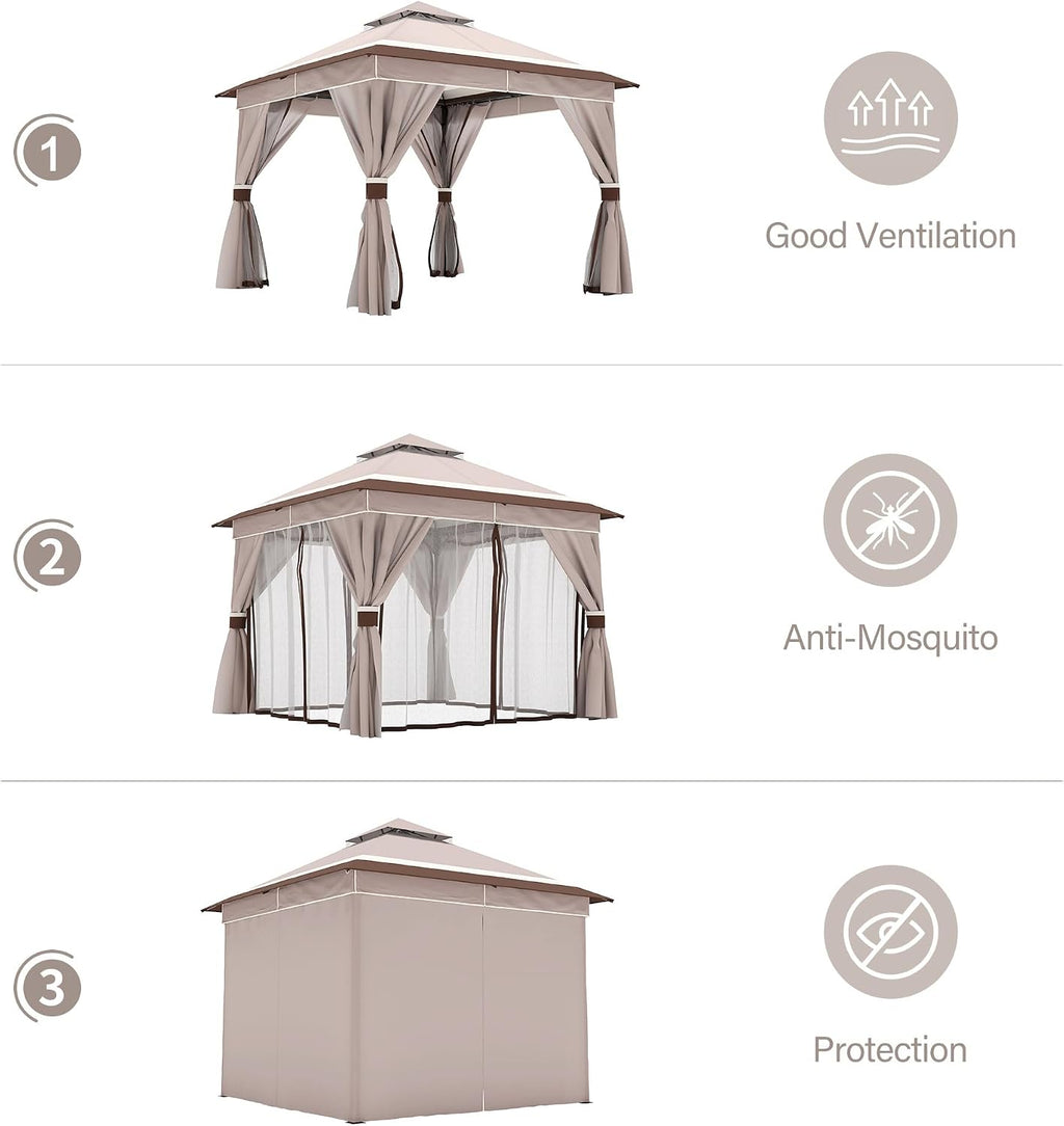 LAUSAINT HOME 10'x10' Outdoor Gazebo, Metal Frame Heavy Duty Patio Canopy Tent Shelter with Double Roofs, Mosquito Nettings and Privacy Screens for Backyard, Garden, Lawn, Classic Khaki