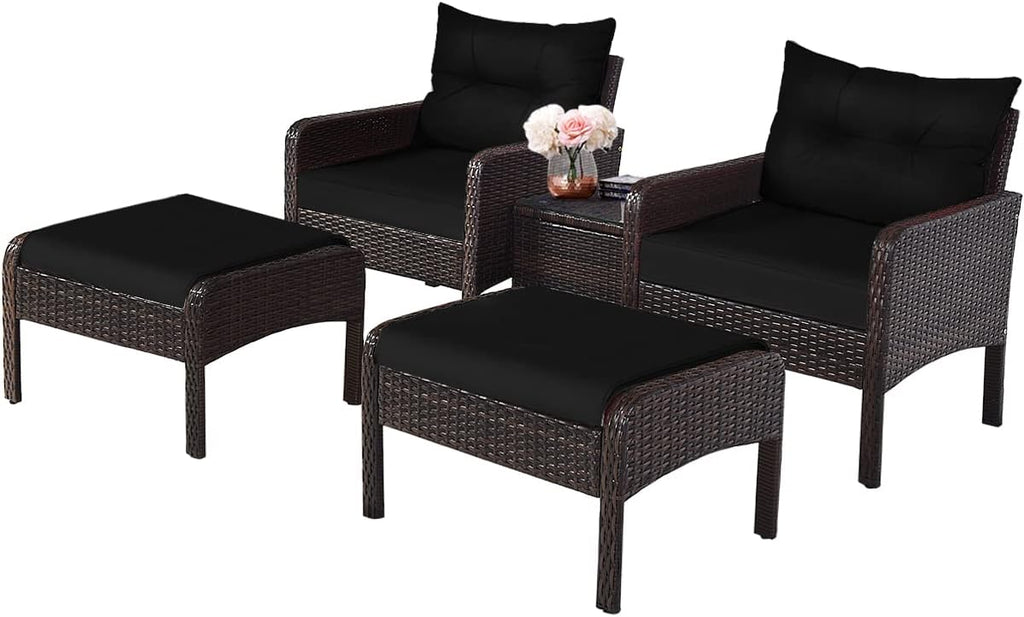 HAPPYGRILL 5 Pieces Patio Furniture Set Outdoor Rattan Wicker Conversation Set with Coffee Table Cushioned Sofas and Ottoman Chat Set for Garden Backyard
