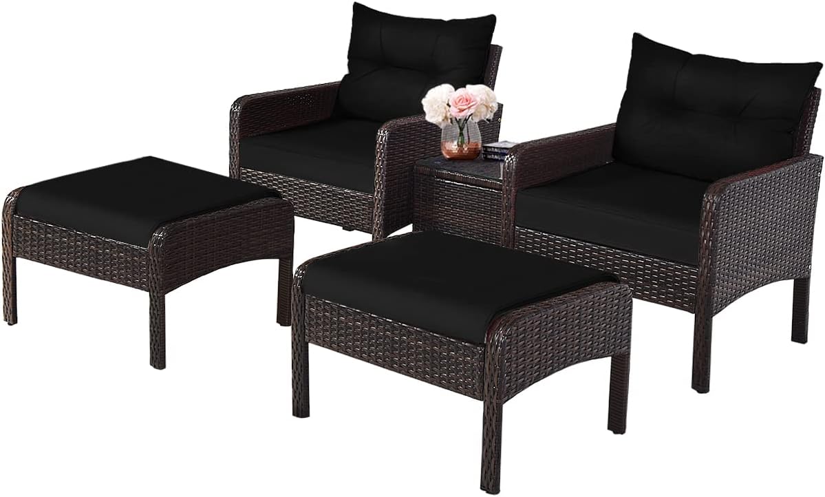 HAPPYGRILL 5 Pieces Patio Furniture Set Outdoor Rattan Wicker Conversation Set with Coffee Table Cushioned Sofas and Ottoman Chat Set for Garden Backyard
