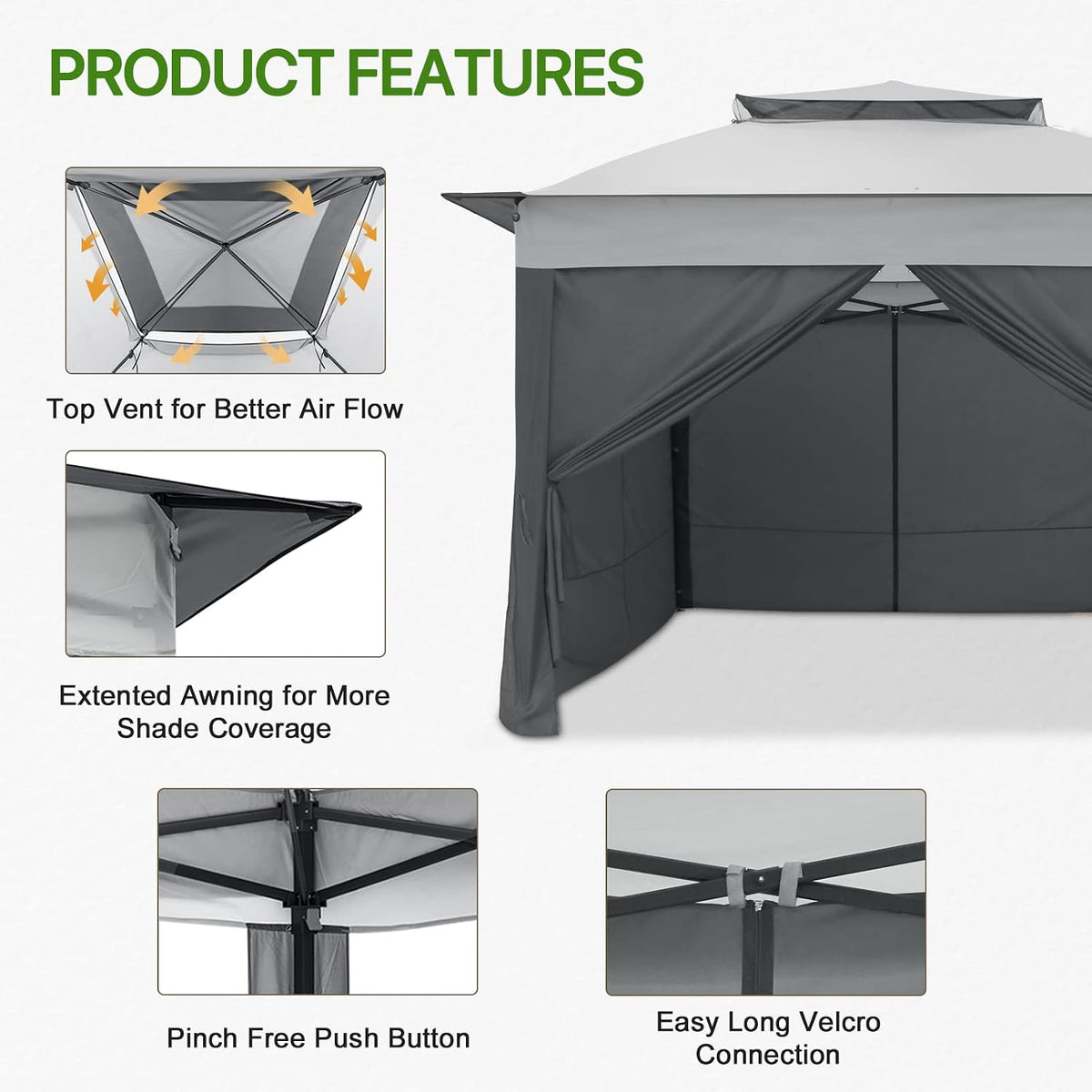 COOS BAY 11x11 Pop Up Gazebo with 4 Sidewalls, Instant Outdoor Canopy Tent with UPF 50+ UV Protection, Water Resistant Shelter with Carry Bag, Stakes & Ropes, Gray
