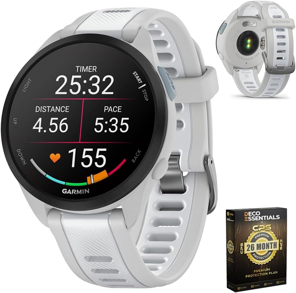 Garmin 010-02863-31 Forerunner 165 Music Smart Sport Watch, Mist Gray + Whitestone | Official USA Partner Model | Bundle with Deco Essentials Exclusive 26 Month CPS Enhanced Protection Pack