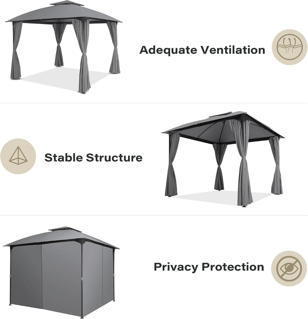 LAUSAINT HOME 10'x10' Patio Arc Gazebo with 50FT String Lights, Outdoor Canopy Tent with Curved Roof Design, Double Tier Top,Gray