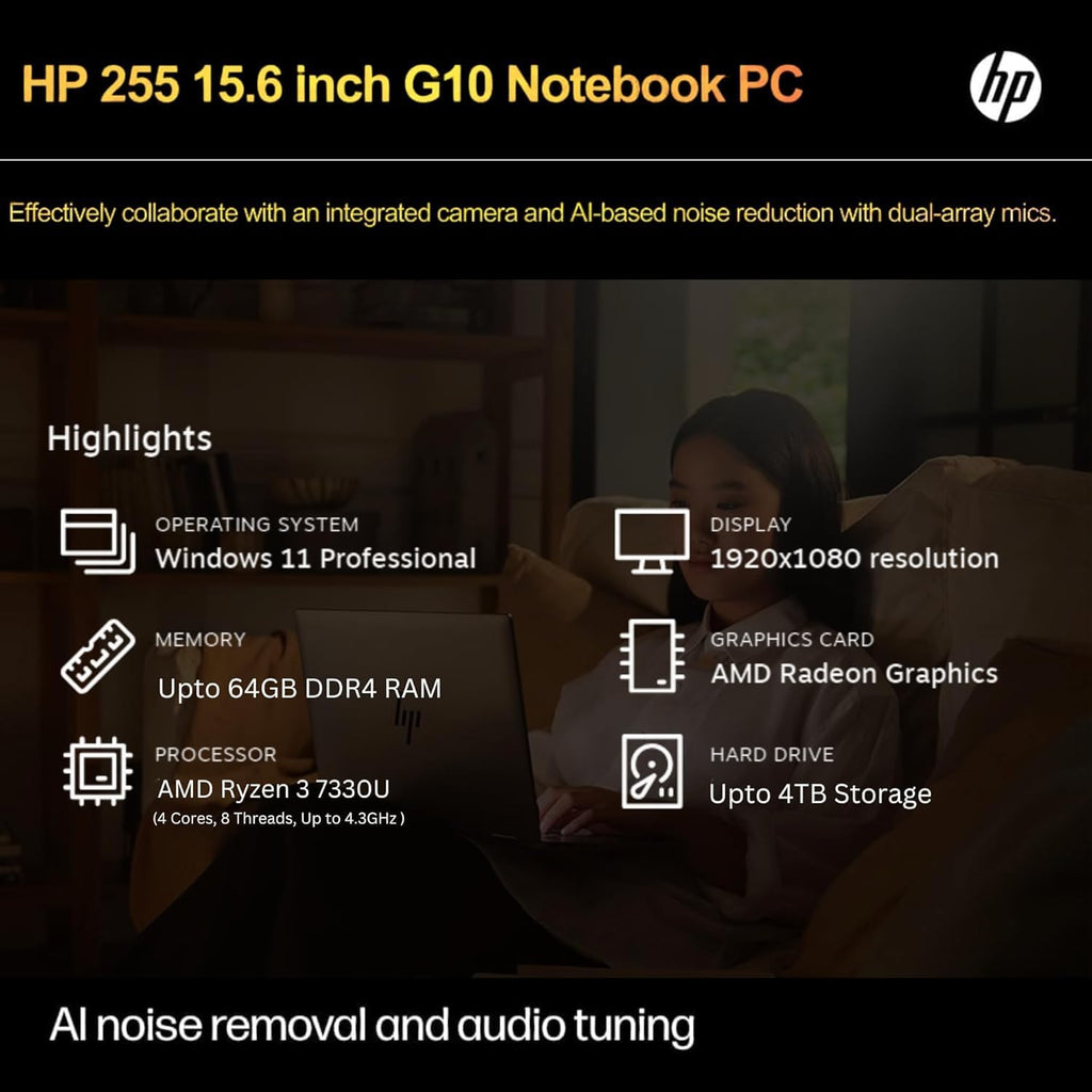 HP 255 G10 Laptop for Home or Work, 32GB RAM, 1TB SSD, 15.6' Full HD, Ryzen 3 7330U (Beat Intel i5-1135G7), HDMI, USB-C, Windows 11 Pro, Business and Fun Ready