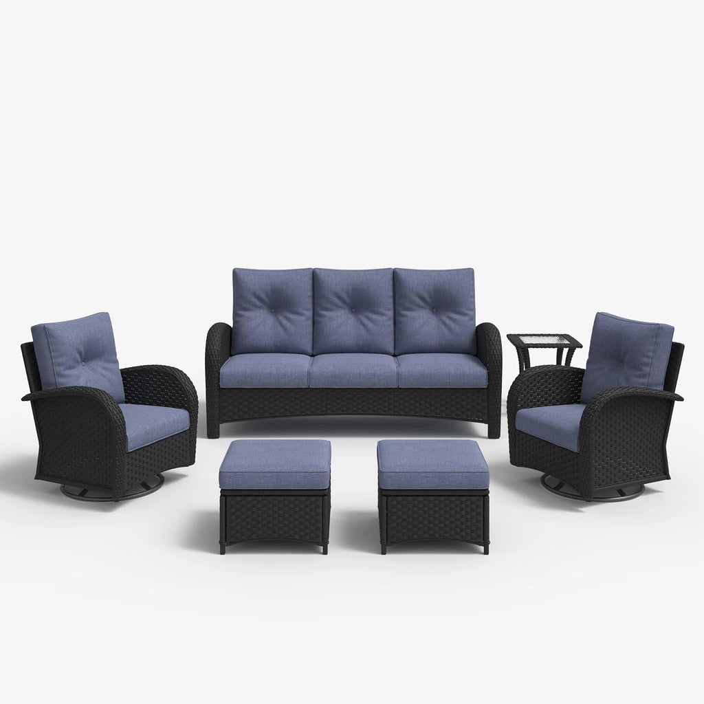 LayinSun 6 Pieces Outdoor Patio Furniture Set, Rattan Wicker Sectional Swivel Rocker Chairs Sets