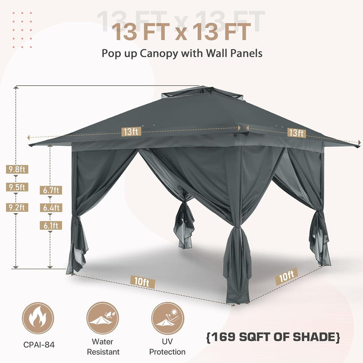EAGLE PEAK 13x13 Pop Up Gazebo with 4 Wall Panels, Easy Up Canopy for Patio and Backyard, Easy Set up Outdoor Gazebo (Gray)