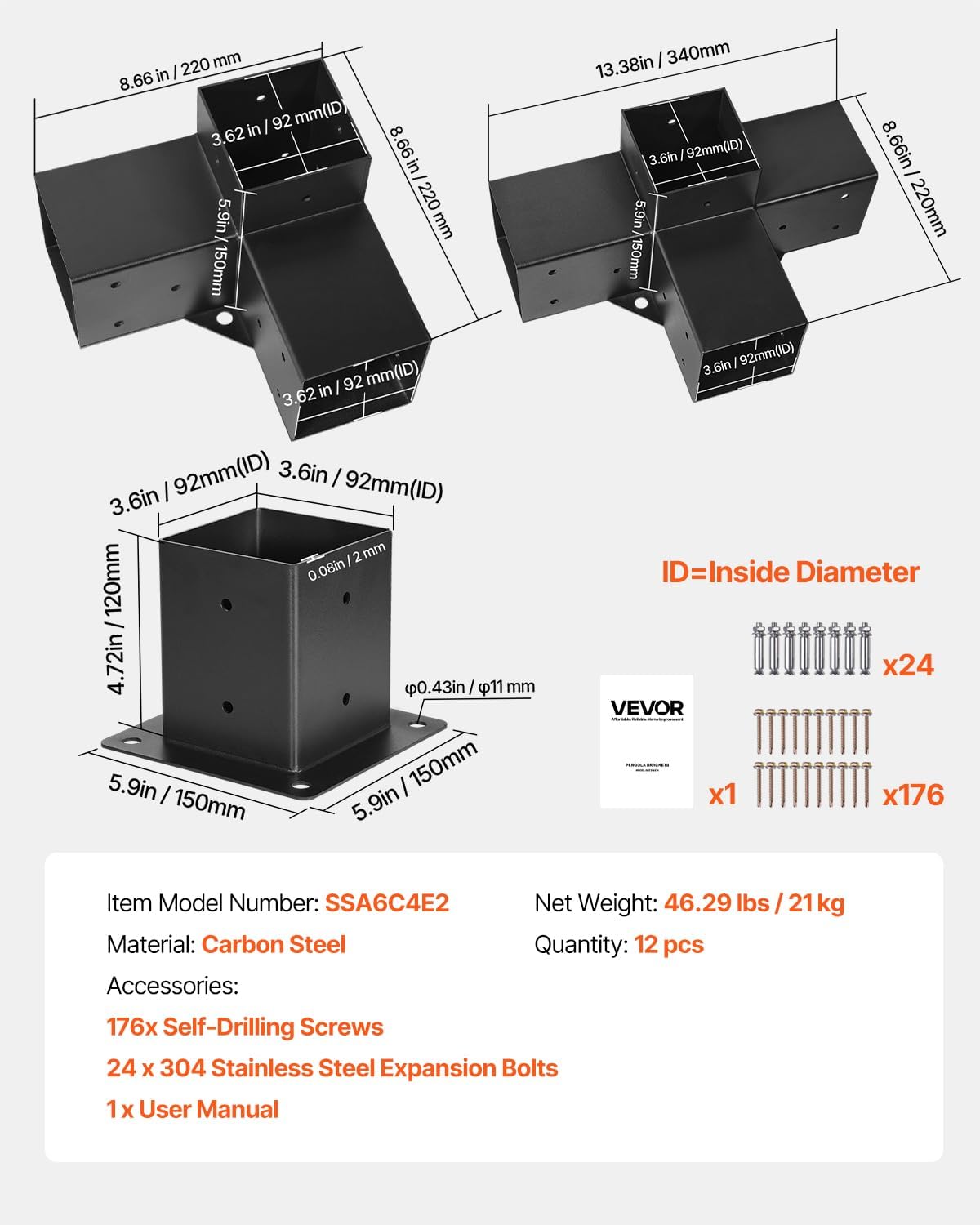VEVOR Pergola Kit, 4x4 Inch Pergola Brackets for 3.5x3.5 Inch Wood Beams in Actual Dimension, 3-Way (4 Pcs) and 4-Way (2 Pcs) Gazebo Brackets with 6 Post Bases, for Outdoor Pergolas, Gazebos, Sheds