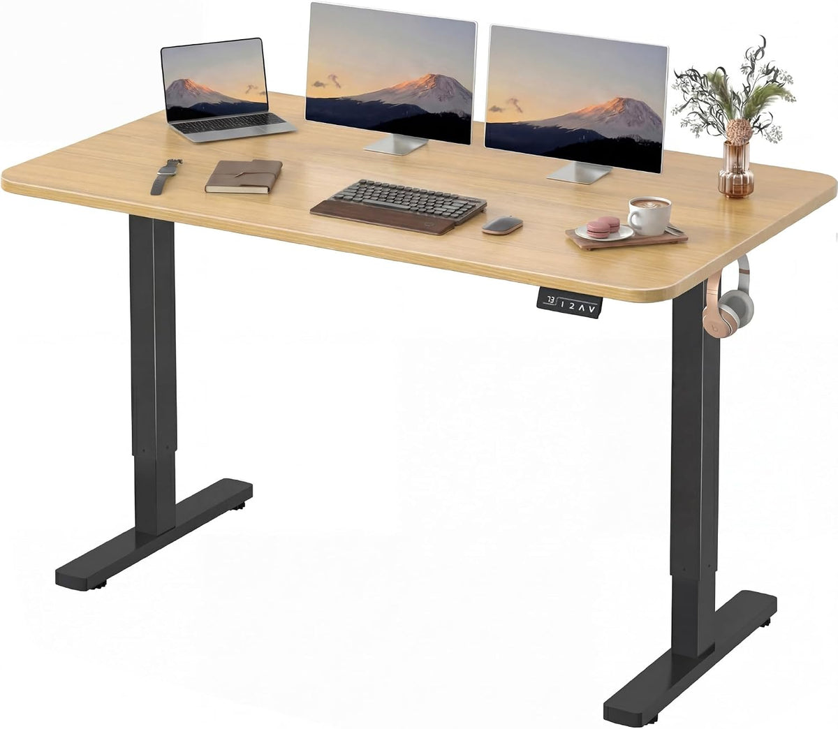 Furmax Electric Height Adjustable Standing Desk Large 55 x 24 Inches Sit Stand Up Desk Home Office Computer Desk Memory Preset with T-Shaped Metal Bracket, Maple