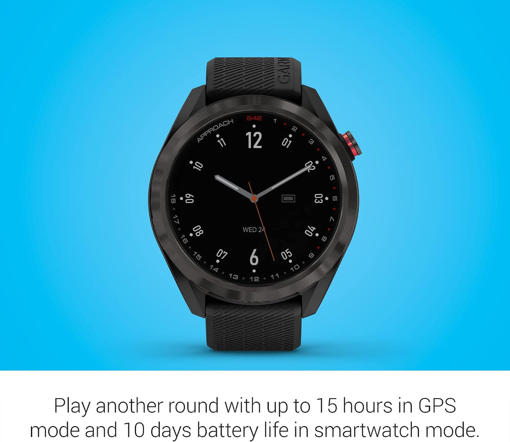 Garmin Approach S42, GPS Golf Smartwatch, Lightweight with 1.2' Touchscreen, 42k+ Preloaded Courses, Gunmetal Ceramic Bezel and Black Silicone Band, 010-02572-10 (Renewed)