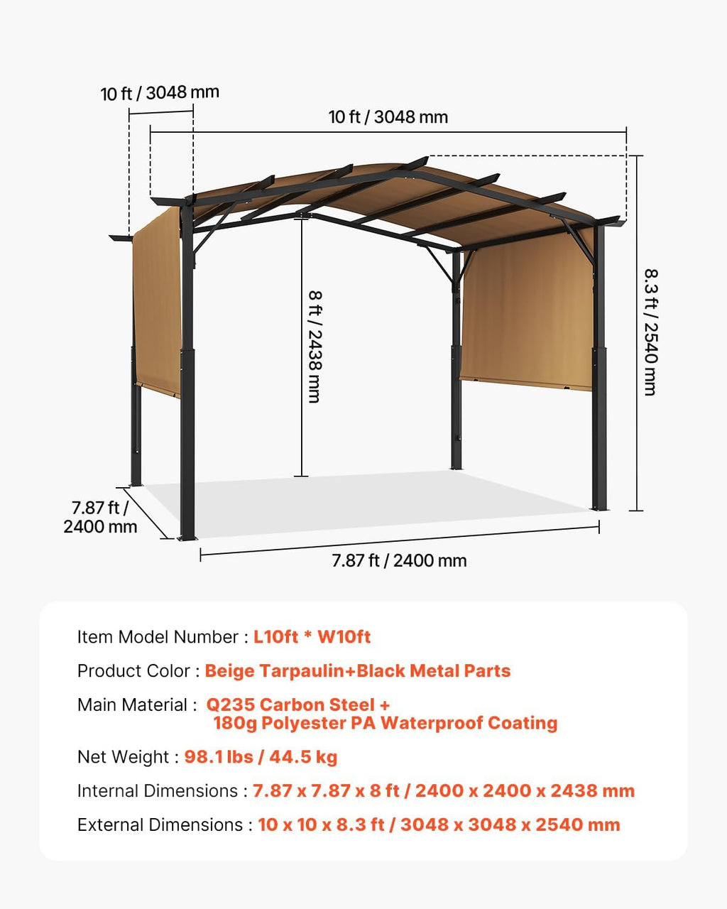 VEVOR 10 x 10 ft Outdoor Pergola, Arched Top Metal Pergola, Retractable Pergola with Sun Shade Canopy, Large Patio Shelter Pavilion, Heavy Duty Garden Pergola for Deck Backyard Porch Poolside