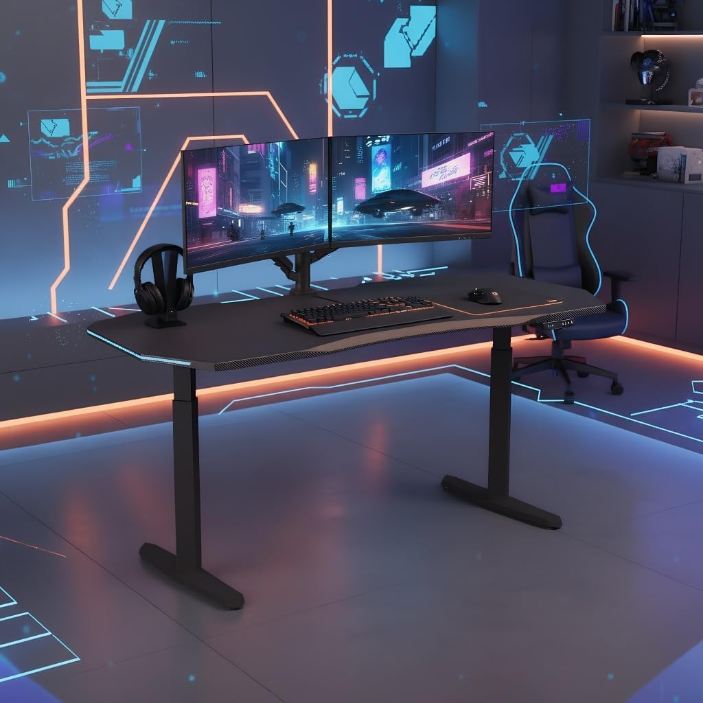 HUANUO Standing Desk with LED Strip, 63' × 31.5' Height Adjustable RGB Gaming Desk, Large Dual-Motor Electric Sit Stand Desk, Sturdy Steel Frame, Modern E-Sports Workstation,for Home Office,Black