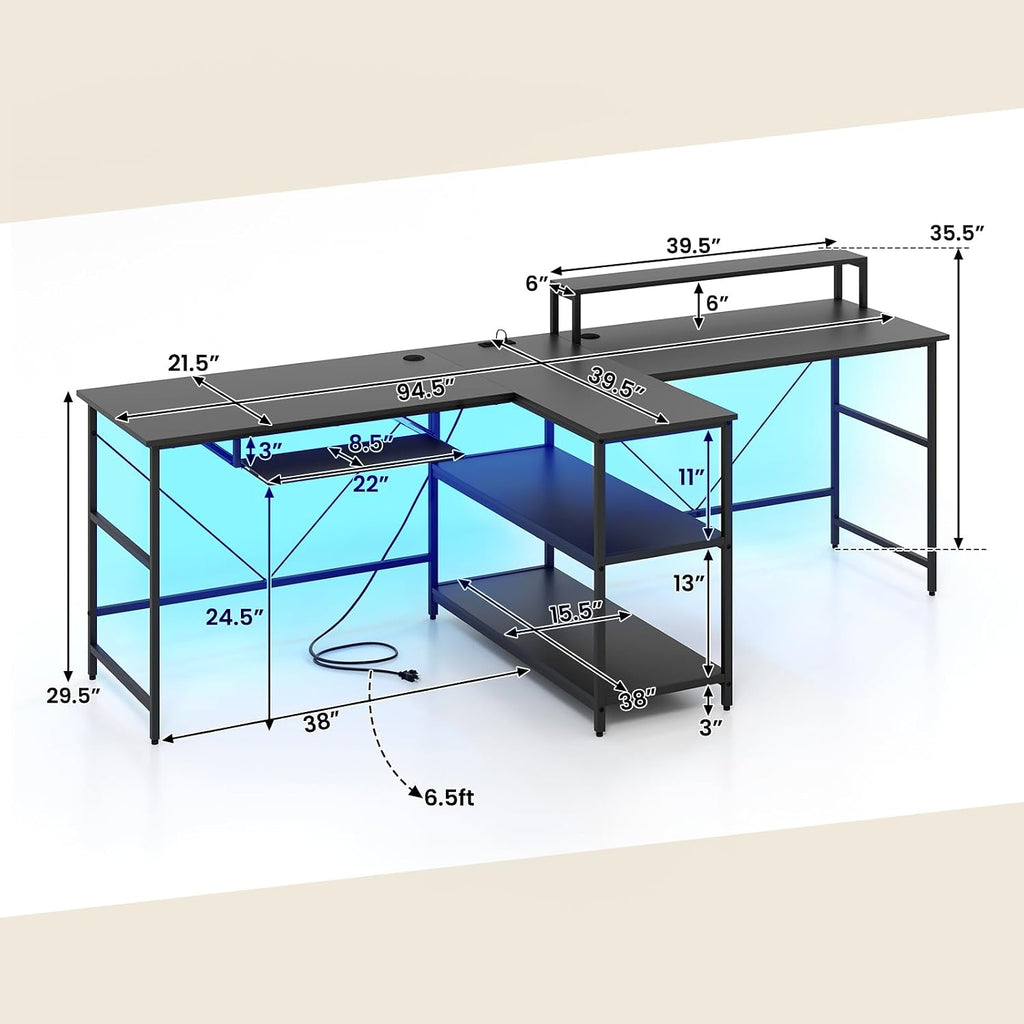 Tangkula 2-Person Reversible Computer Desk with LED Lights, 94.5' Long Office Desk with Power Outlets, Monitor Stand, Keyboard Tray & 2 Storage Shelves, Double Desk for Gaming Working Writing (Black)