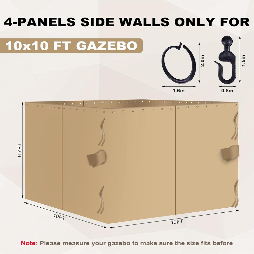 slashome 10'x10' Gazebo Curtains Outdoor Waterproof, Khaki Universal Replacement Curtain 4-Panels, Sidewalls with Zipper for Garden, Patio, Yard (Only Curtains)
