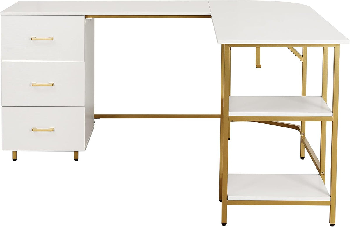 Techni Mobili L Shaped Desk - Two-Toned Computer Desk with Drawers & Storage Shelves - Simple Modern Furniture & Home Office Space Corner Table for Work & Writing