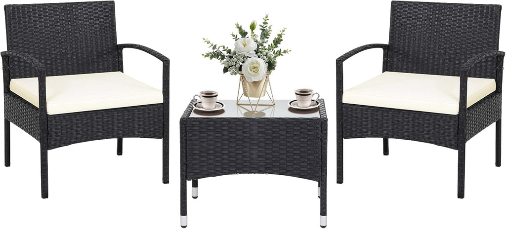 RELAX4LIFE 3-Piece Patio Furniture Set - Rattan Conversation Set, Wicker Bistro Set w/2 Chairs, Glass Coffee Table, Steel Frame, Outdoor Chairs Set for Yard Balcony, Front Porch Furniture (Beige)