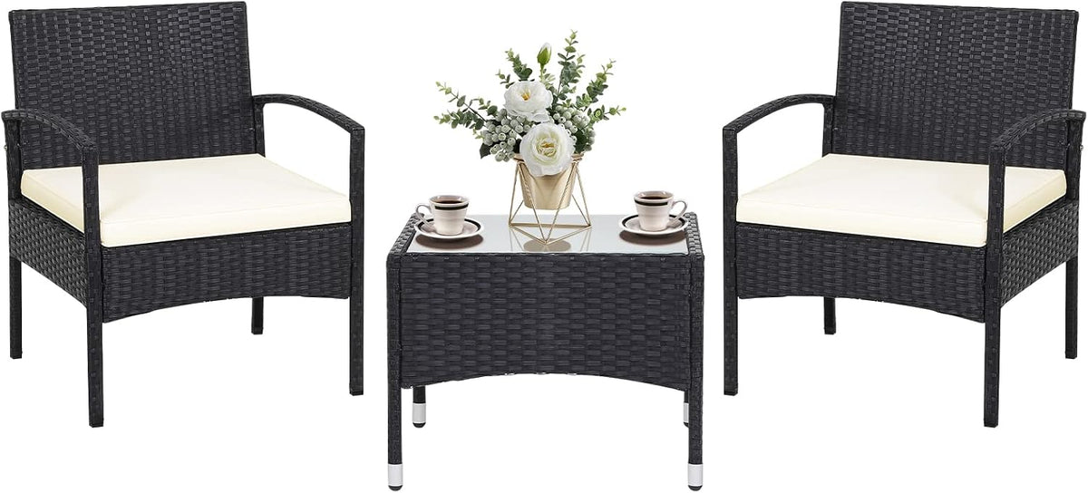 RELAX4LIFE 3-Piece Patio Furniture Set - Rattan Conversation Set, Wicker Bistro Set w/2 Chairs, Glass Coffee Table, Steel Frame, Outdoor Chairs Set for Yard Balcony, Front Porch Furniture (Beige)