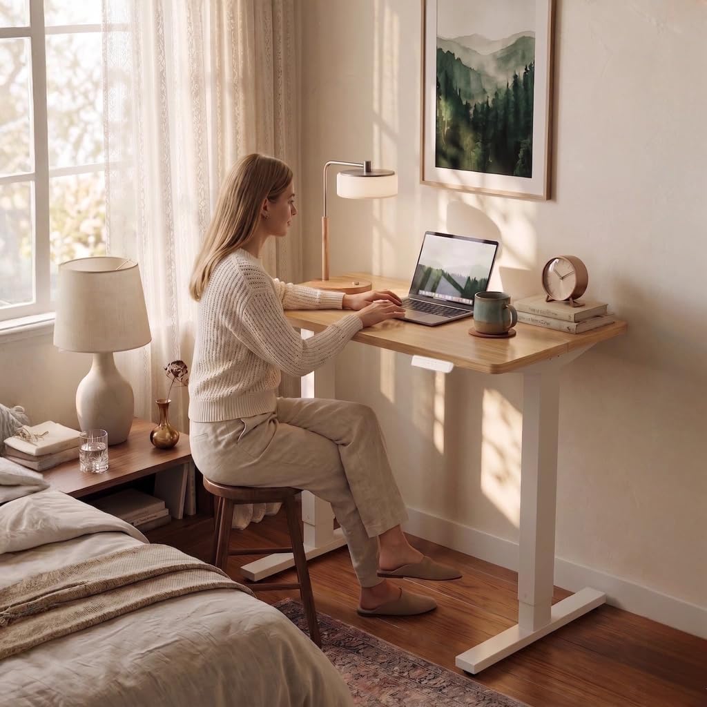 HUANUO Electric Standing Desk, 40 x 24 Inch Height Adjustable Computer Desk with Storage Bag, 4 Height Memory Settings, Sit Stand Up Desk for Home Office, Light Walnut