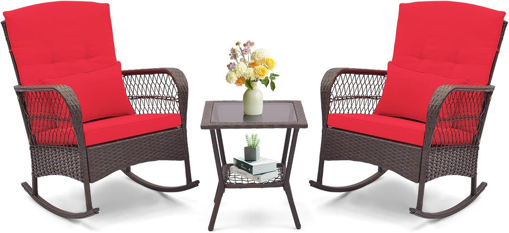 ORALNER 3 Pieces Patio Furniture Wicker Rocker Set, Outdoor Rocking Chairs with Cushions, Pillows, Glass Coffee Table, Rattan Bistro Set for Balcony Front Porch Poolside Garden Deck (Red)