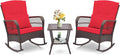 ORALNER 3 Pieces Patio Furniture Wicker Rocker Set, Outdoor Rocking Chairs with Cushions, Pillows, Glass Coffee Table, Rattan Bistro Set for Balcony Front Porch Poolside Garden Deck (Red)