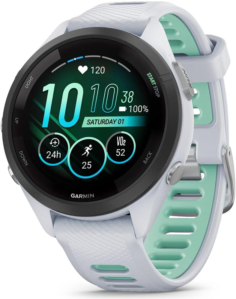 Garmin 010-02810-04 Forerunner 265S GPS Smartwatch Whitestone/Neo Tropic Bundle with Deco Essentials Charging Dock, Silicone Dust Cover 3 Pack and USB Type C Charging Cable