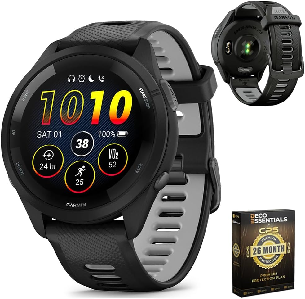 Garmin 010-02810-00 Forerunner 265 GPS Smartwatch Black/Powder Gray Bundle with Deco Essentials Exclusive CPS 26 Month Protection Pack
