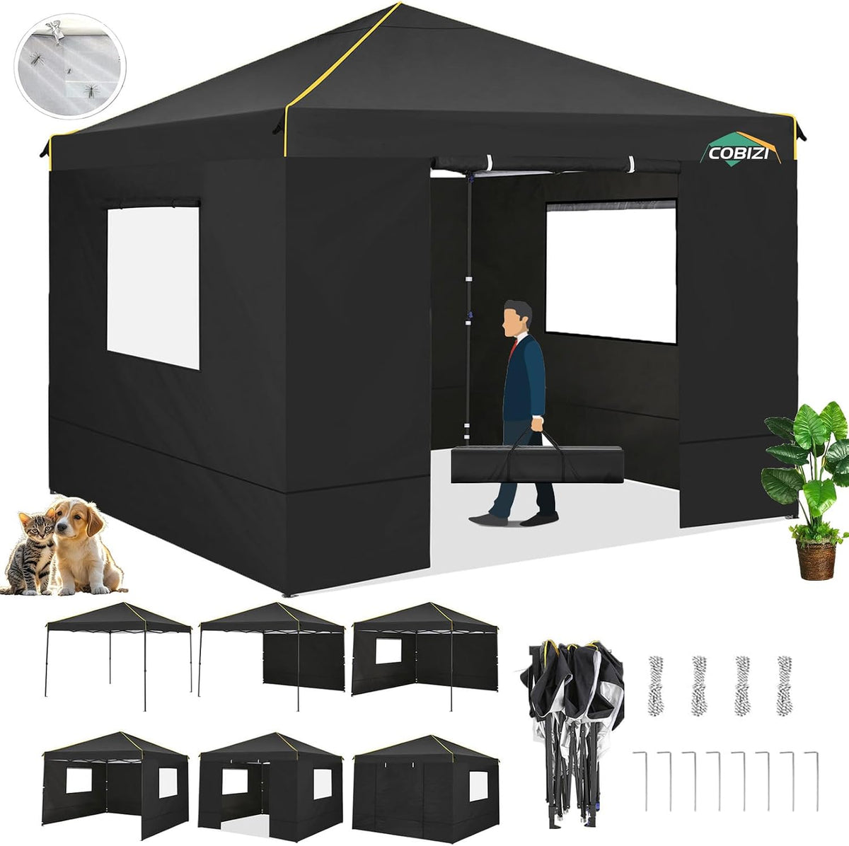 10x10 Pop Up Canopy Tent with 4 Sidewalls and Mesh Windows 2.0, Waterproof Commercial Instant Gazebo Tent Outdoor Canopy Tents for Party/Exhibition/Picnic with Carry Bag,4 Stakes & Ropes (Black)