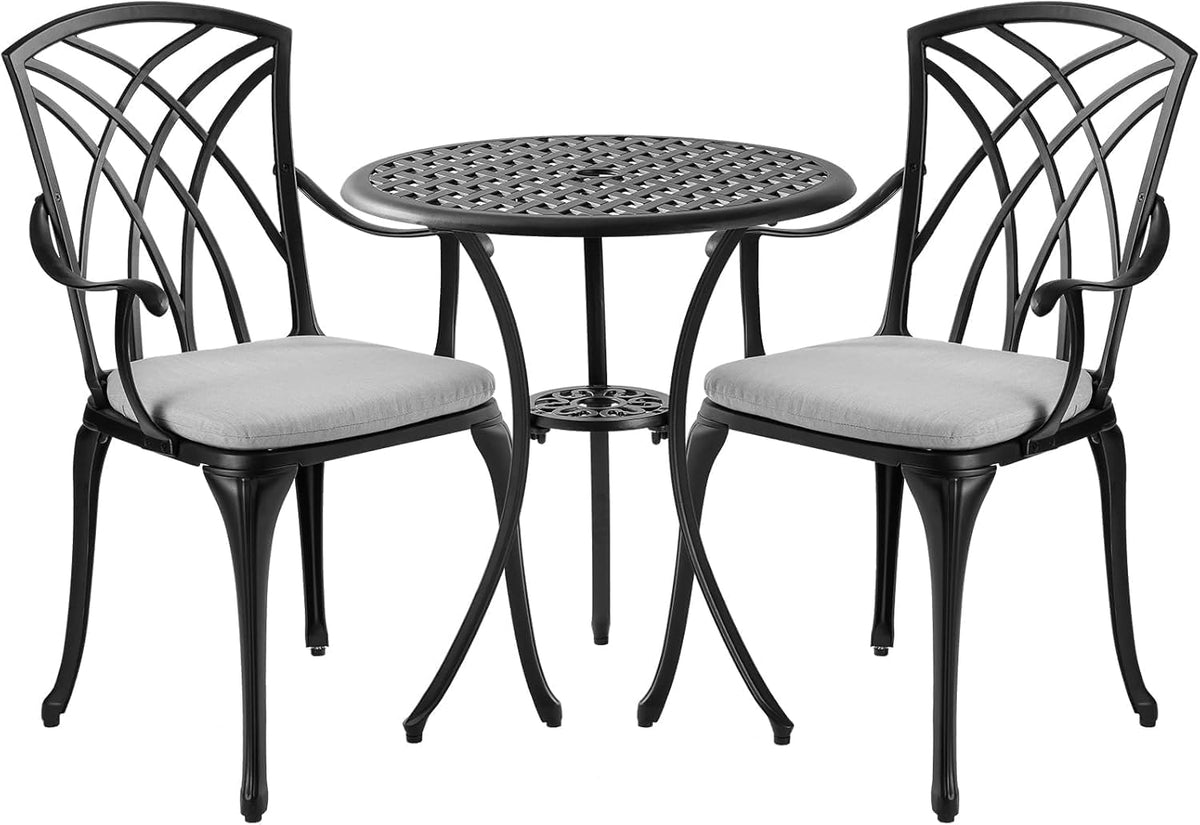 Patio Bistro Sets Cast Aluminum Bistro Table and Chairs Set of 2 with Umbrella Hole,Outdoor Bistro Set with Cushion for Yard (BLACK1)