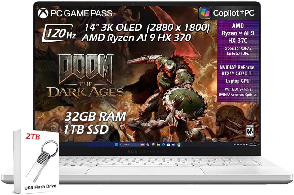ASUS ROG Zephyrus G14 14' 3K OLED 120Hz Copilot+ PC Gaming Laptop, AMD Ryzen AI 9 HX 370, NVIDIA GeForce RTX 5070Ti, 32GB RAM 1TB SSD Wi-Fi7, Backlit KB, Win11, Platinum White, 2TB USB Drive, W/GaLiMu