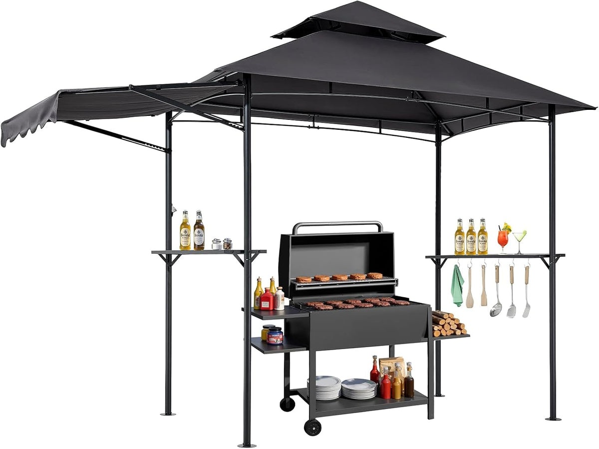 VEVOR Grill Gazebo, 8 x 5 ft Double-Tiered Top, BBQ Gazebo with Extra Awning, Powder-Coated Steel Patio Grill Shelter with 2 Side Shelves, Bottle Opener & Hooks, Outdoor Grilling Canopy for Garden
