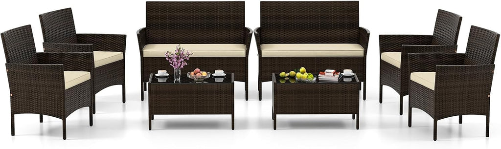 HAPPYGRILL 8 Pieces Outdoor Rattan Conversation Set, Patio Wicker Furniture Set with Loveseat Chairs & Tempered Glass Coffee Table, Outside Sectional Sofa Set for Backyard, Garden & Poolside