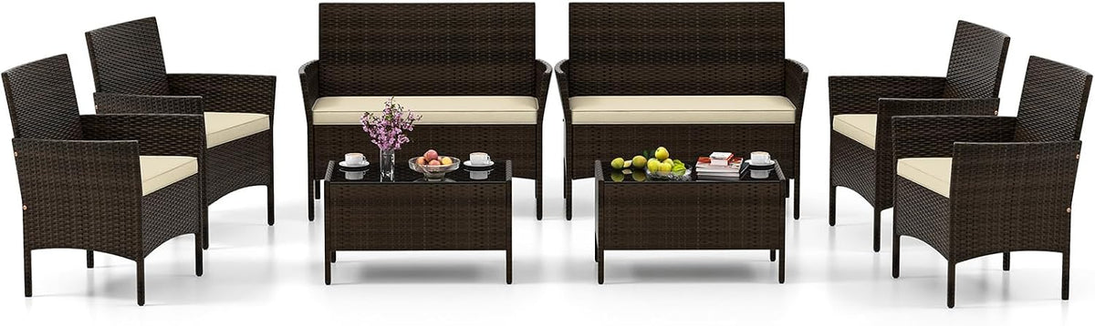 HAPPYGRILL 8 Pieces Outdoor Rattan Conversation Set, Patio Wicker Furniture Set with Loveseat Chairs & Tempered Glass Coffee Table, Outside Sectional Sofa Set for Backyard, Garden & Poolside