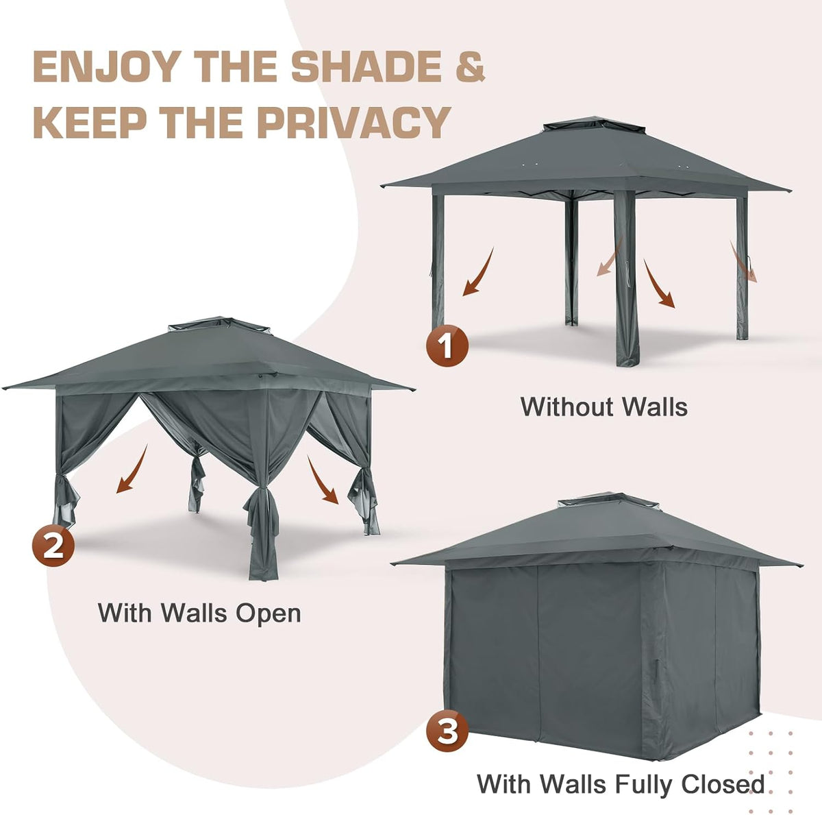 EAGLE PEAK 13x13 Pop Up Gazebo with 4 Wall Panels, Easy Up Canopy for Patio and Backyard, Easy Set up Outdoor Gazebo (Gray)