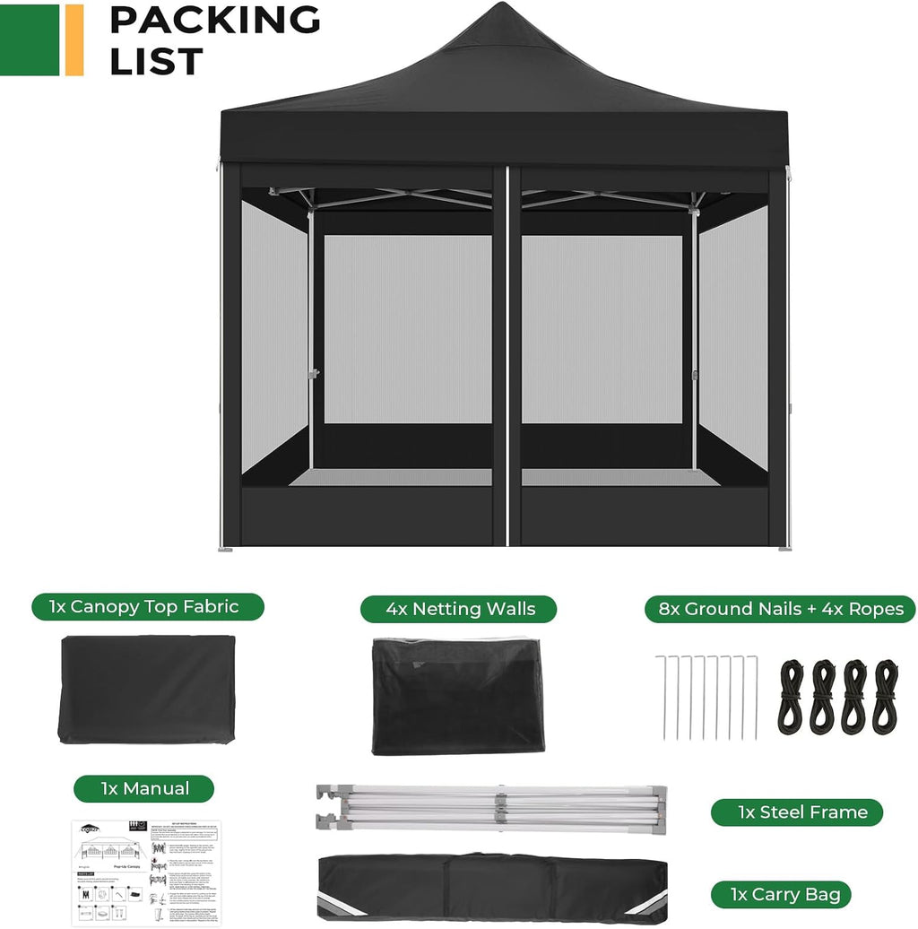 COBIZI 10x10 Heavy Duty Pop Up Canopy Tent with 4 Sidewalls, Commercial Gazebo Party Tent with Mosquito Netting Wall Easy Set Up Outdoor Instant Screen Canopy for Backyard, Patio, Garden, Black