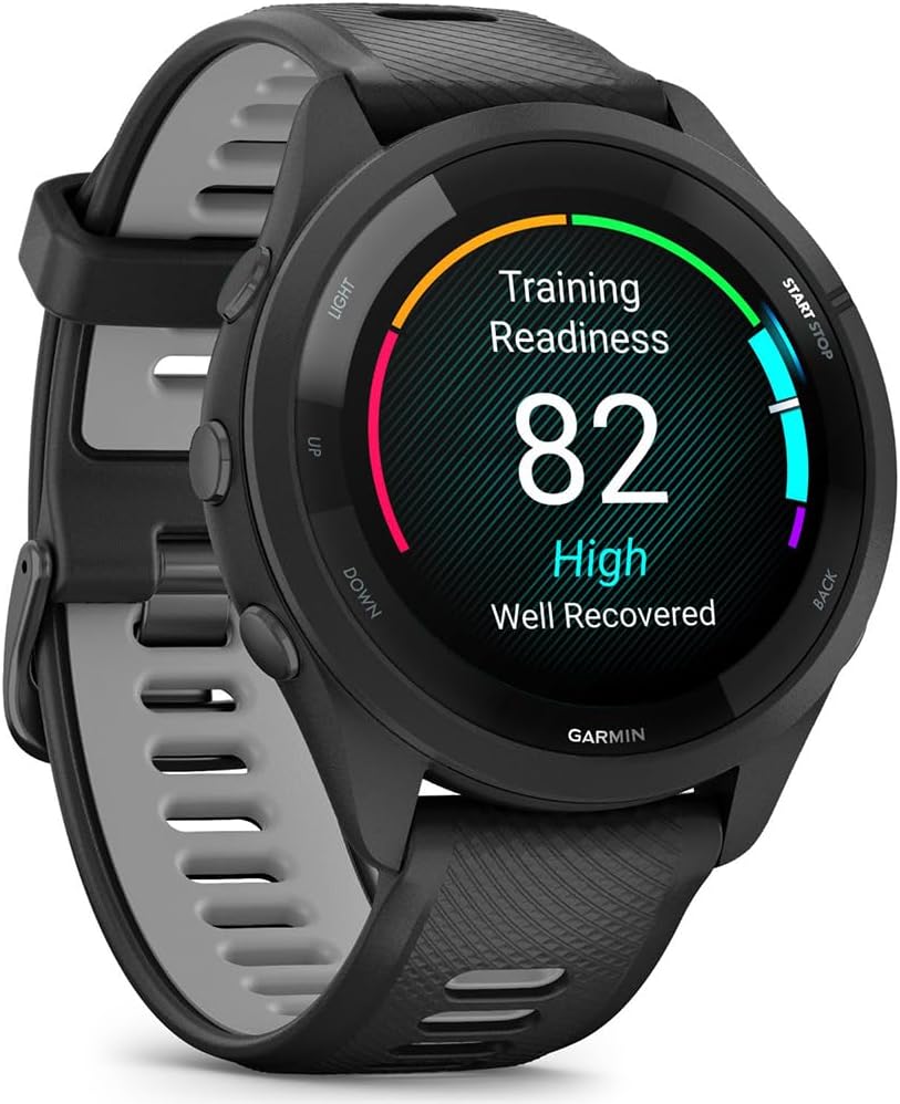 Garmin 010-02810-00 Forerunner 265 GPS Smartwatch Black/Powder Gray Bundle with Deco Essentials Exclusive CPS 26 Month Protection Pack