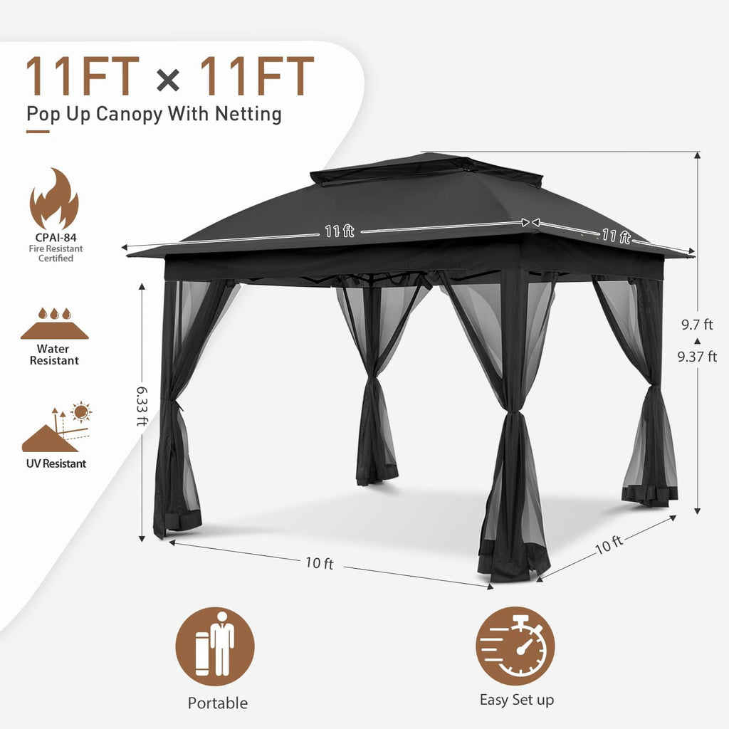 COOS BAY 11x11 Pop Up Gazebo with Mesh Netting, Instant Outdoor Canopy Tent, Water Resistant Shelter with UPF 50+ UV Protection, 121 Sq Ft Coverage, Black