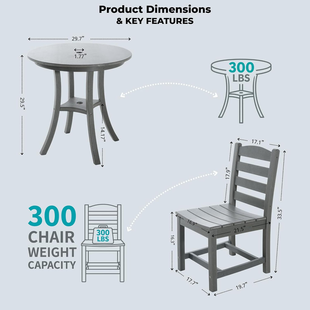 3 Piece Outdoor Patio Bistro Set with Umbrella Hole, HDPE Round Coffee Table and Porch Chairs Set of 2, Outdoor Patio Furniture Set with Bistro Table and Chairs for Balcony Garden Deck, Charcoal Gray