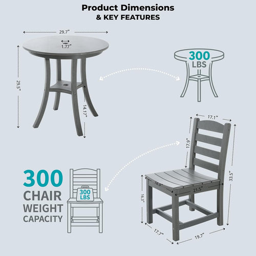 3 Piece Outdoor Patio Bistro Set with Umbrella Hole, HDPE Round Coffee Table and Porch Chairs Set of 2, Outdoor Patio Furniture Set with Bistro Table and Chairs for Balcony Garden Deck, Charcoal Gray