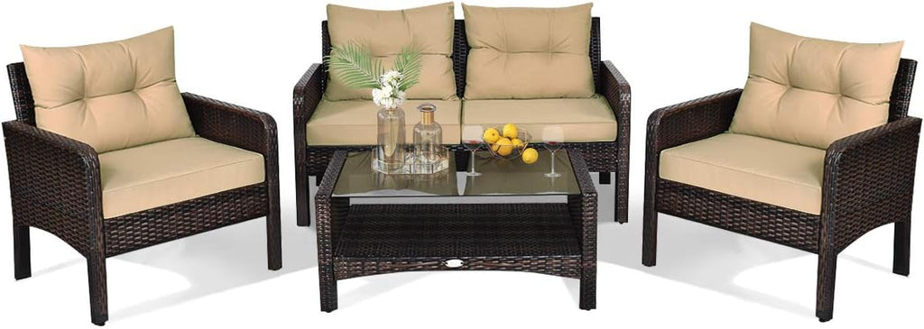 HAPPYGRILL 4-Piece Patio Furniture Outdoor Rattan Wicker Sofa Set with Cushions & Coffee Table with Tempered Glass Table Top and Storage Shelf