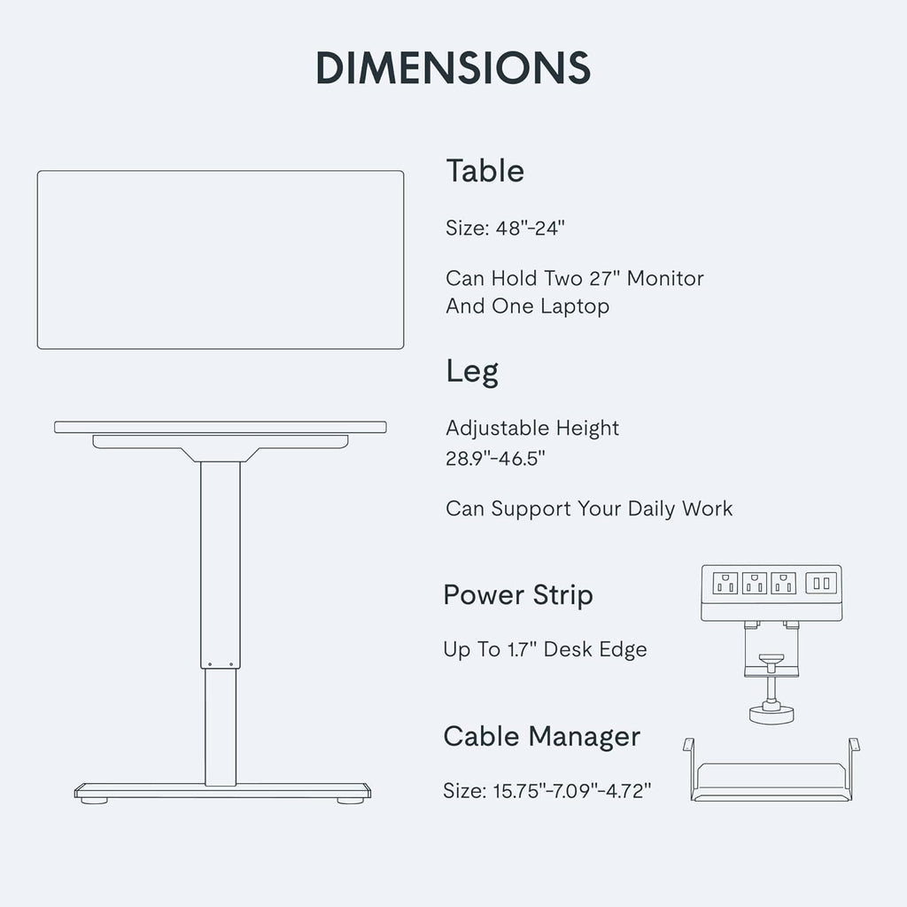 FLEXISPOT EN2 Whole-Piece Standing Desk with Clamp Power Strip, 48x24'' Electric Stand Up Height Adjustable Desk with Cable Management (Black Frame + 48' Black Table Top)