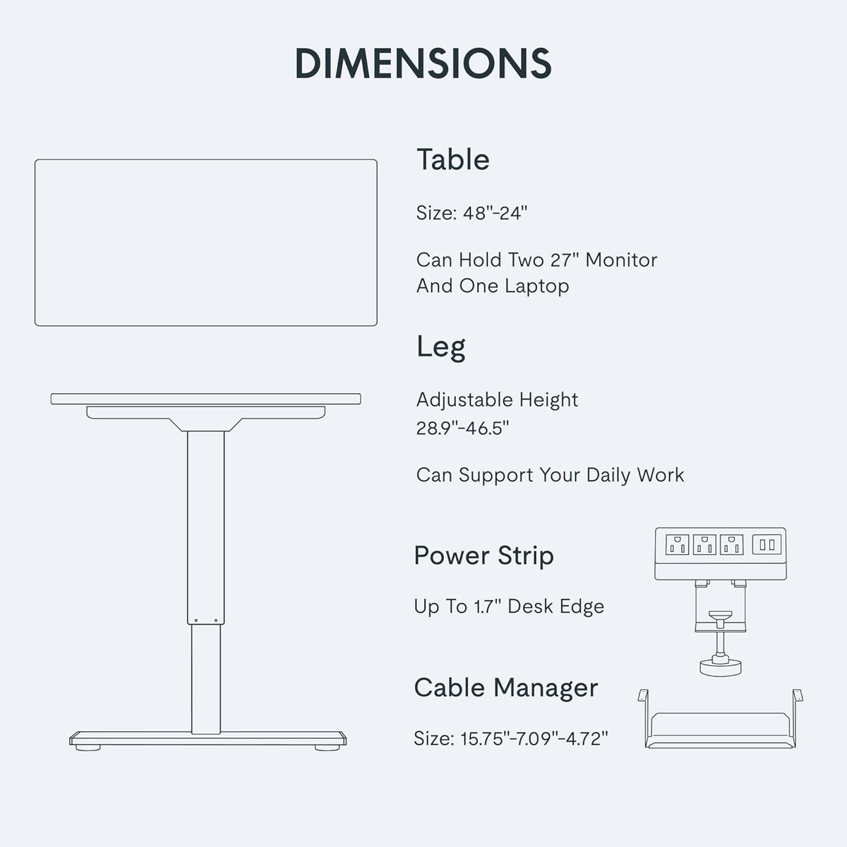 FLEXISPOT EN2 Whole-Piece Standing Desk with Clamp Power Strip, 48x24'' Electric Stand Up Height Adjustable Desk with Cable Management (Black Frame + 48' Black Table Top)