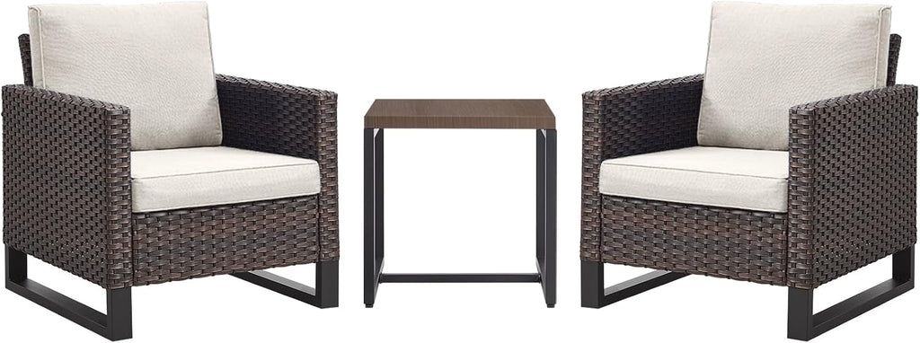 Luxury Wicker Outdoor Patio Chairs Set - 3 Piece Rattan Patio Furniture Bistro Chairs Set with Waterproof Wicker,Comfortable Cushions and Sturdy Metal Frame for Porch Deck Backyard(Brown/Beige)
