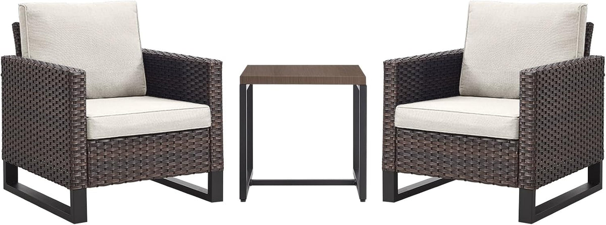 Luxury Wicker Outdoor Patio Chairs Set - 3 Piece Rattan Patio Furniture Bistro Chairs Set with Waterproof Wicker,Comfortable Cushions and Sturdy Metal Frame for Porch Deck Backyard(Brown/Beige)