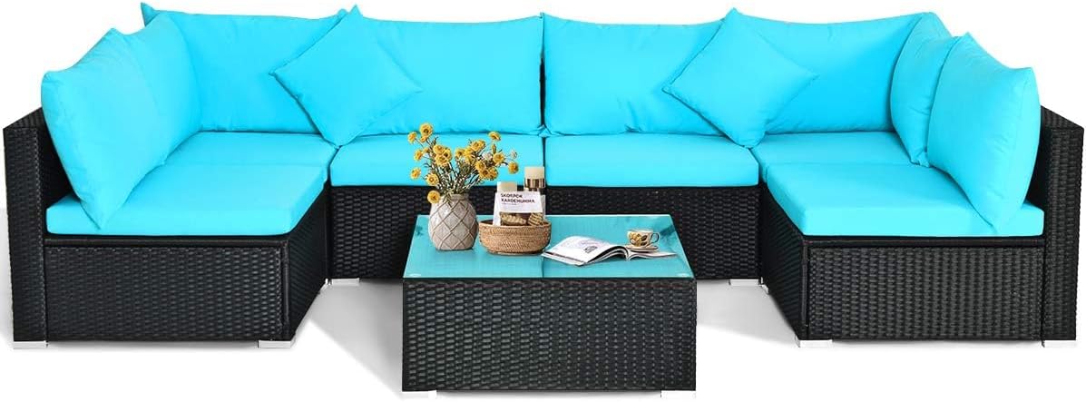 HAPPYGRILL 7 Pieces Patio Furniture Set Outdoor Rattan Wicker Sectional Sofa Set with Cushions & Pillows & Coffee Table for Garden Lawn