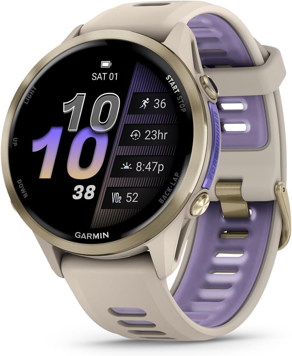 Garmin Forerunner 970 Running Smartwatch, GPS Fitness Smart Watch for Men and Women, Soft Gold Titanium with French Gray Case and French Gray/Translucent Indigo Band Bundle with P-Bank + More